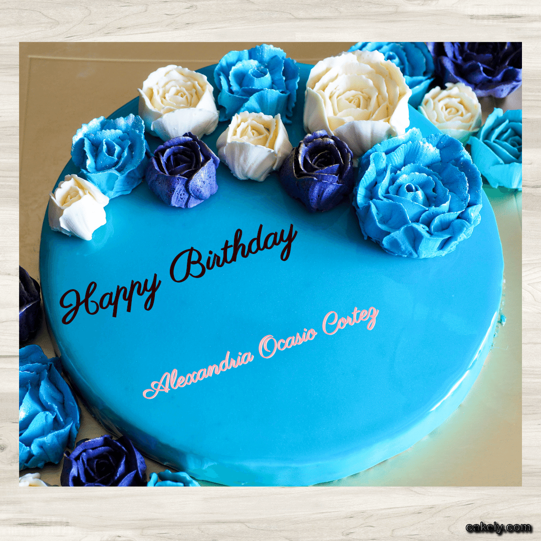 Vivid Cerulean Cake with Flowers for Alexandria Ocasio Cortez