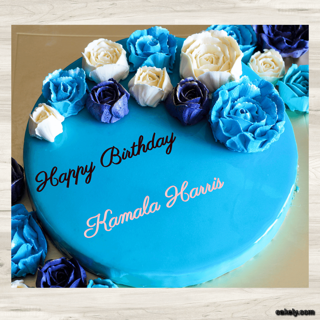 Vivid Cerulean Cake with Flowers for Kamala Harris