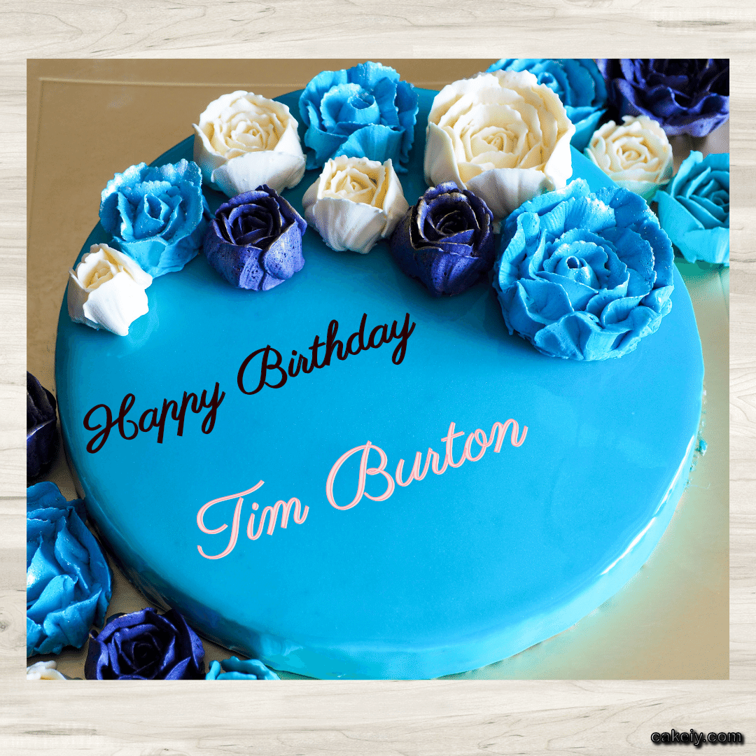Vivid Cerulean Cake with Flowers for Tim Burton